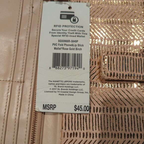 Nanette Lepore PVC Fold Phone Lip Stick Wallet Clutch Rose Gold RFID Lined - Picture 8 of 10